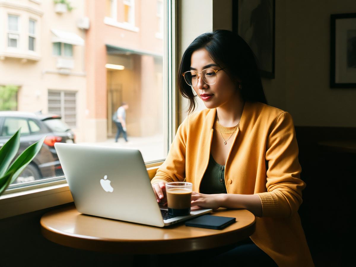 A woman working on her laptop at a sunlit cafe window