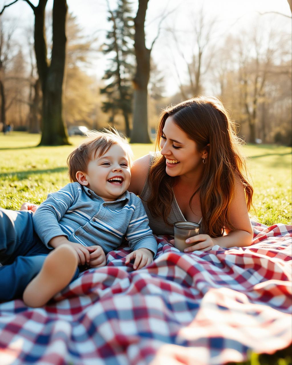A mother and her young son laughing on a picnic blanket in a sunlit park on a weekday